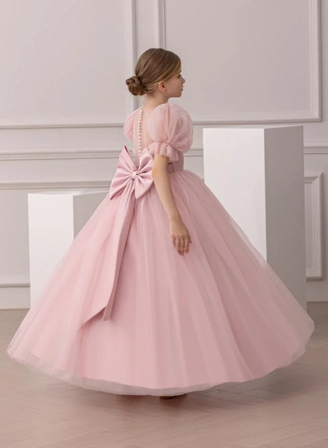 تايك تو فستان طويل بناتي وردي مزين وبأكمام منفوخة